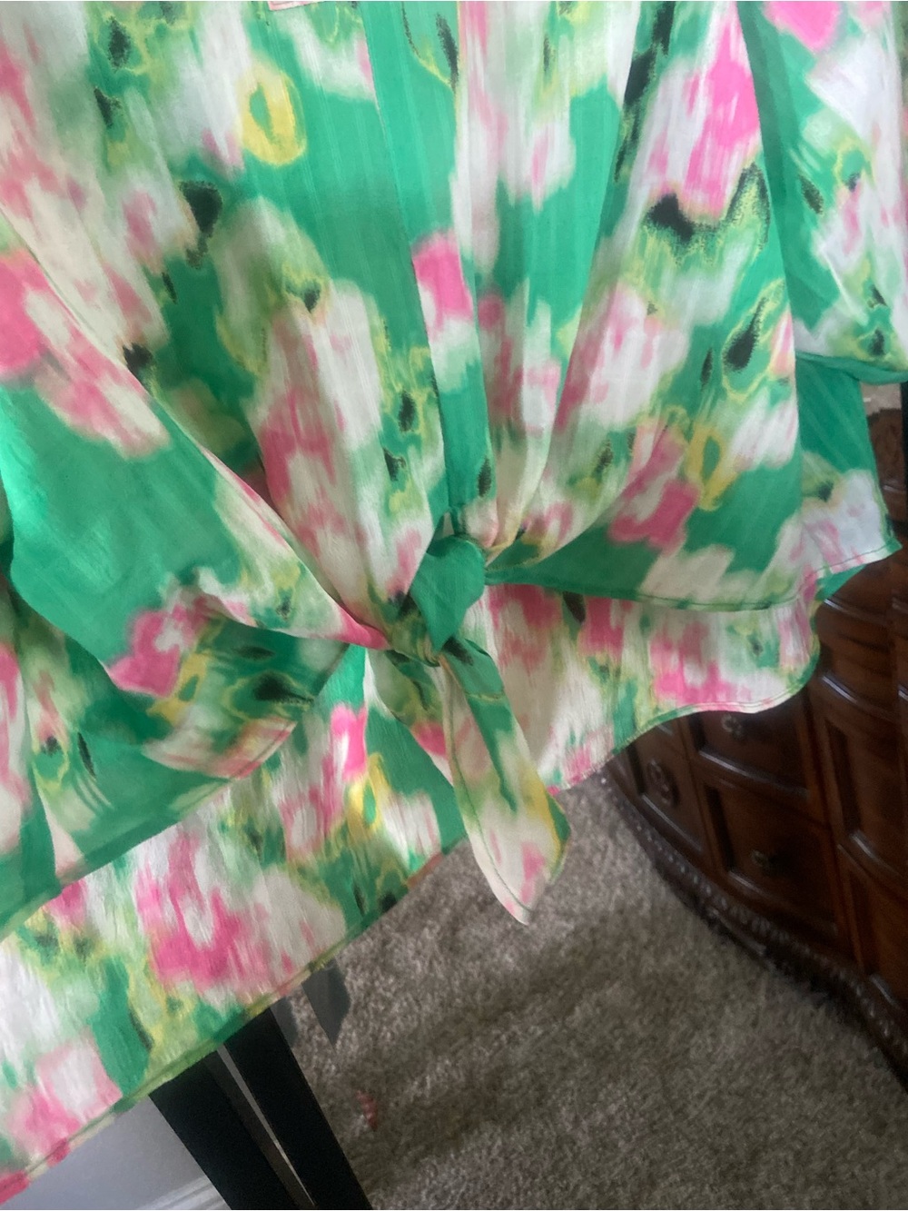 Rose & Olive Green Floral Tie-Front Peasant Blouse - Picture 6 of 11